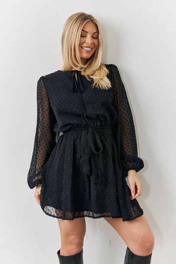 Black Dobby Chiffon Belted Mini Dress